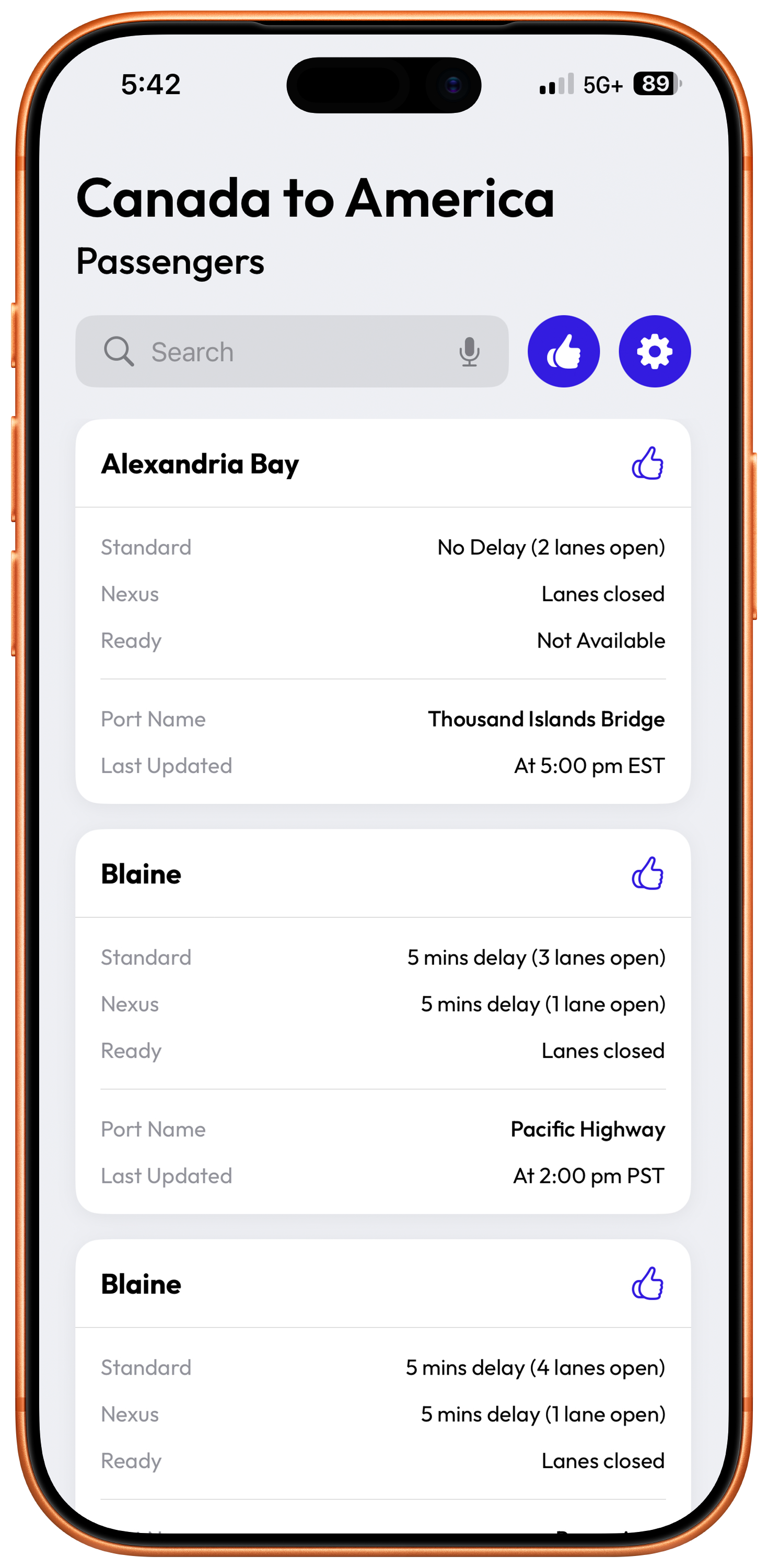 Border Wait app interface
